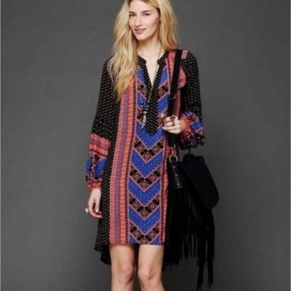 Free People Peacemaker Boho Printed High Low Peasant Tunic Mini Dress